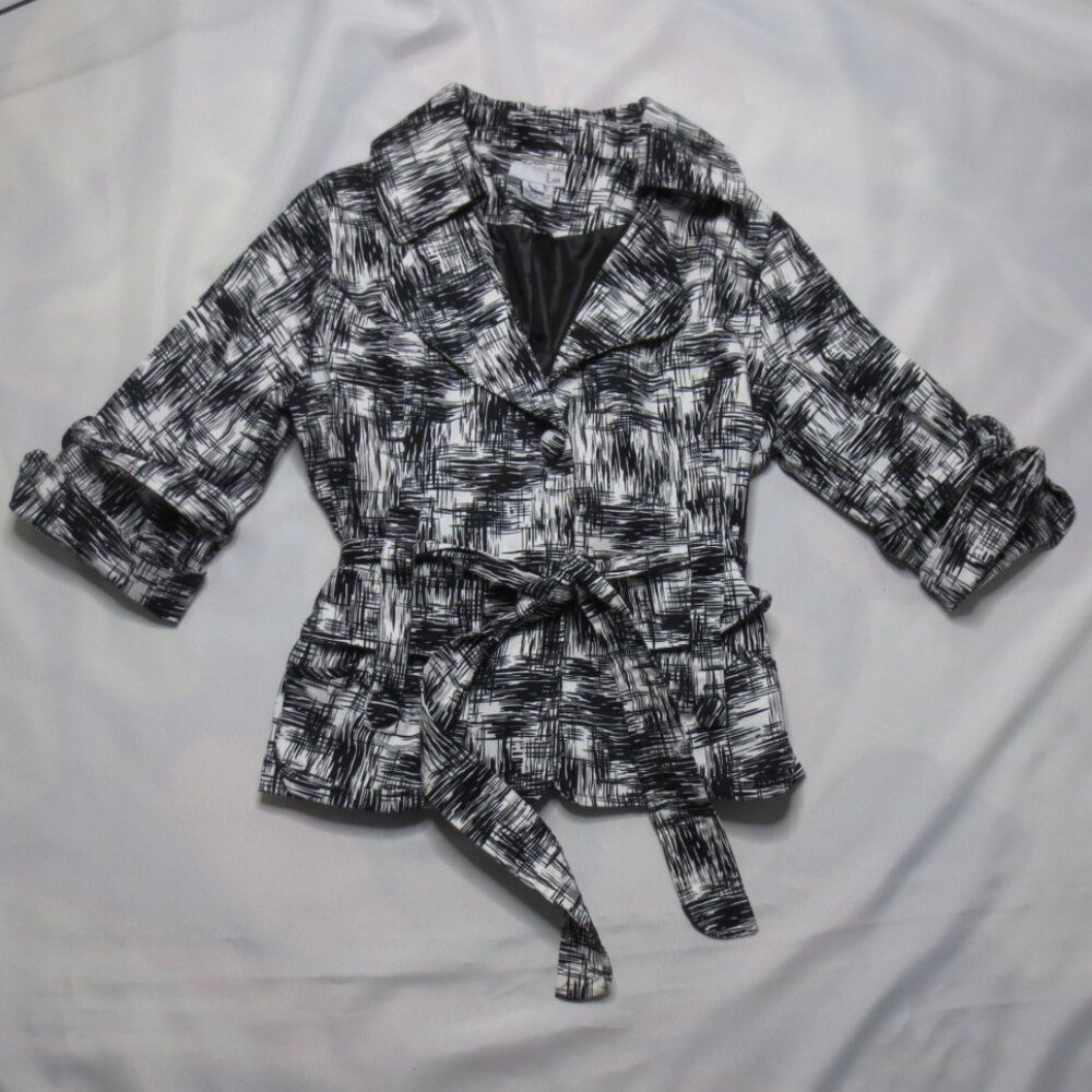 4/$14 LUII womens JACKET blazer CROPPED black WHITE belted BLAZER unique SIZE L